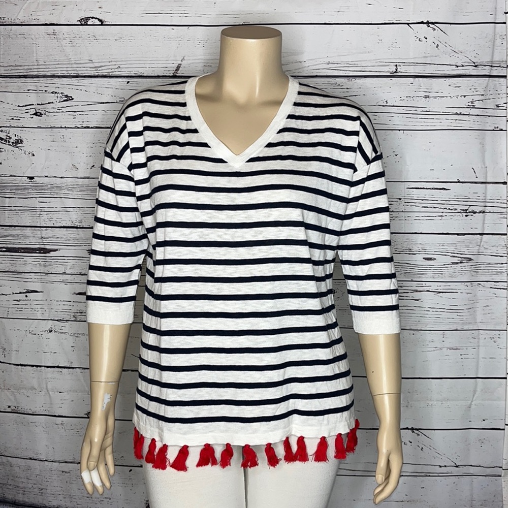 Talbots White & Navy Striped V-Neck Top with Red Tassel Hem